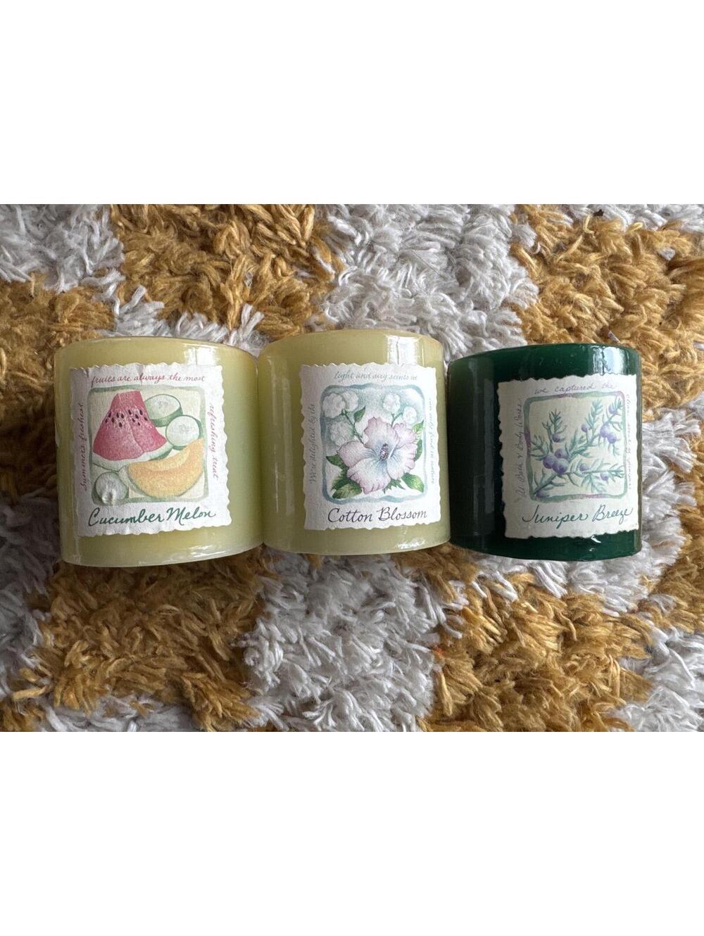 Lot 3 Vintage 90s Bath Body Works White Barn Pillar Candle Cucumber Melon